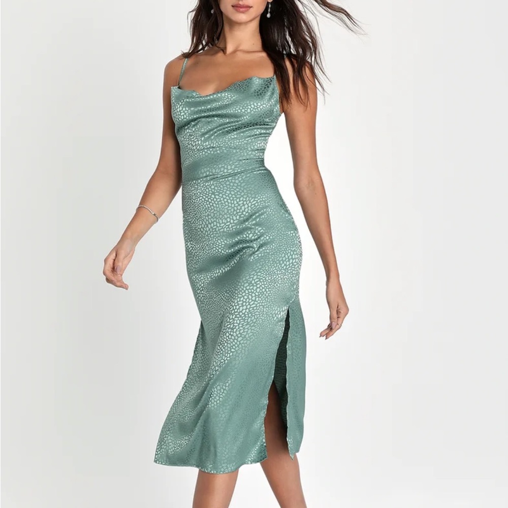 Lulus Total Stunner Sage Green Satin Jacquard Cowl Neck Midi Dress